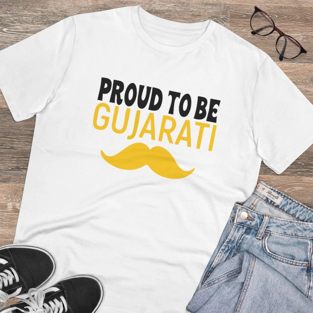 White PC Cotton Men's Proud To Be Gujarati printed half sleeve T-shirt with round neck, 180GSM thread count