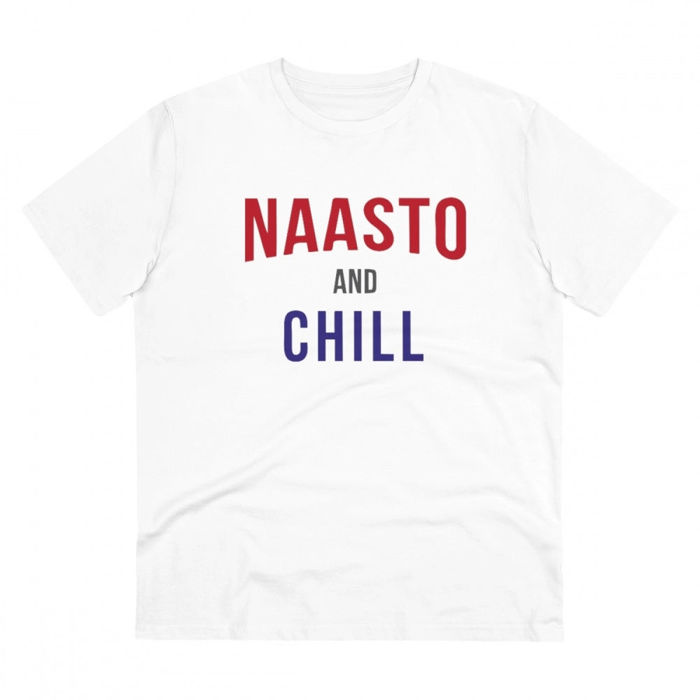 White PC Cotton Nasto And Chill printed men's t-shirt (180GSM), half sleeve round neck, casual occasion