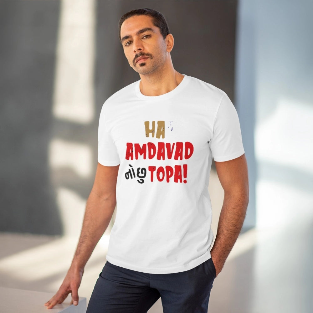 White PC Cotton Ha Amdavad No Chu Topa Printed Men's T-Shirt (180GSM), half sleeve round neck, casual occasion