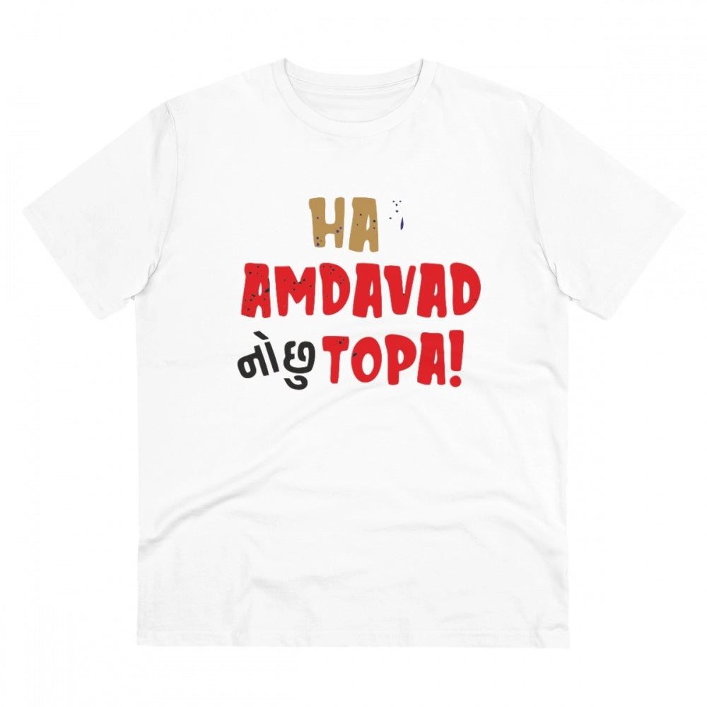 White PC Cotton Ha Amdavad No Chu Topa Printed Men's T-Shirt (180GSM), half sleeve, round neck