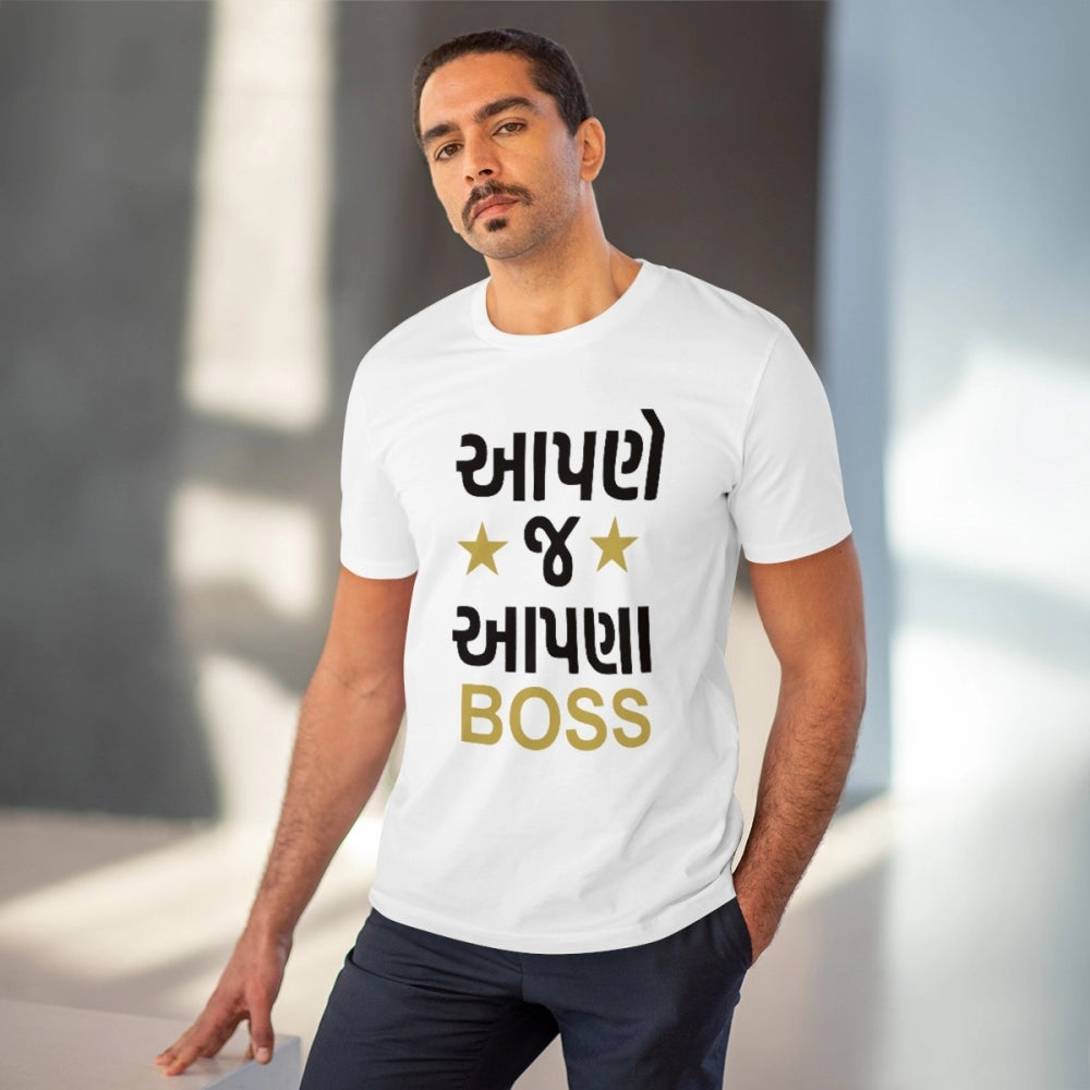 Men's white PC cotton Aapne J Aapna Boss printed half sleeve T-shirt (180GSM), casual wear on model
