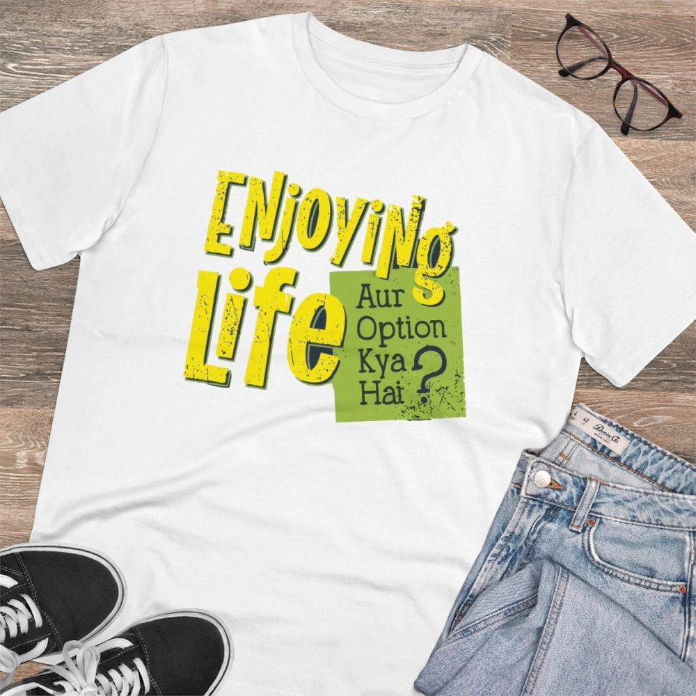 White PC Cotton men's T-shirt with "Enjoying Life" print, half sleeve, round neck