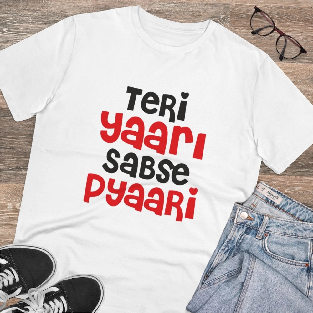 White PC Cotton Teri Yaari Sabse Pyaari printed men's half sleeve t-shirt, 180GSM thread count
