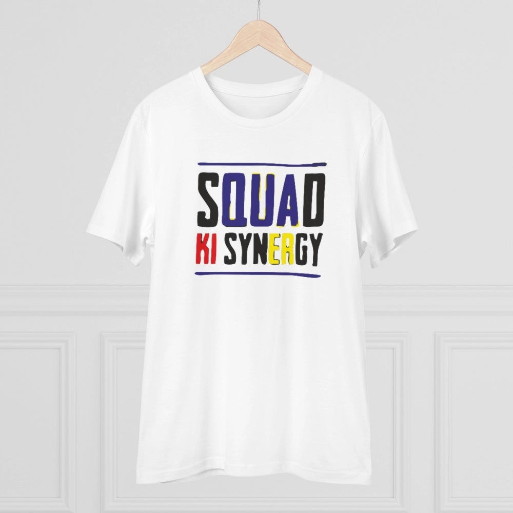 White PC Cotton Squed Ki Syneagy Printed T-Shirt (180GSM), men's casual half sleeve round neck t-shirt on mannequin