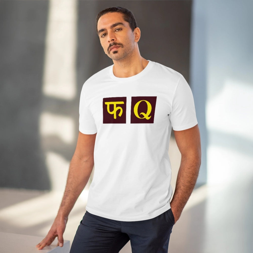 White PC Cotton Fq Printed T-Shirt (180GSM), men's half-sleeve round neck casual top on model