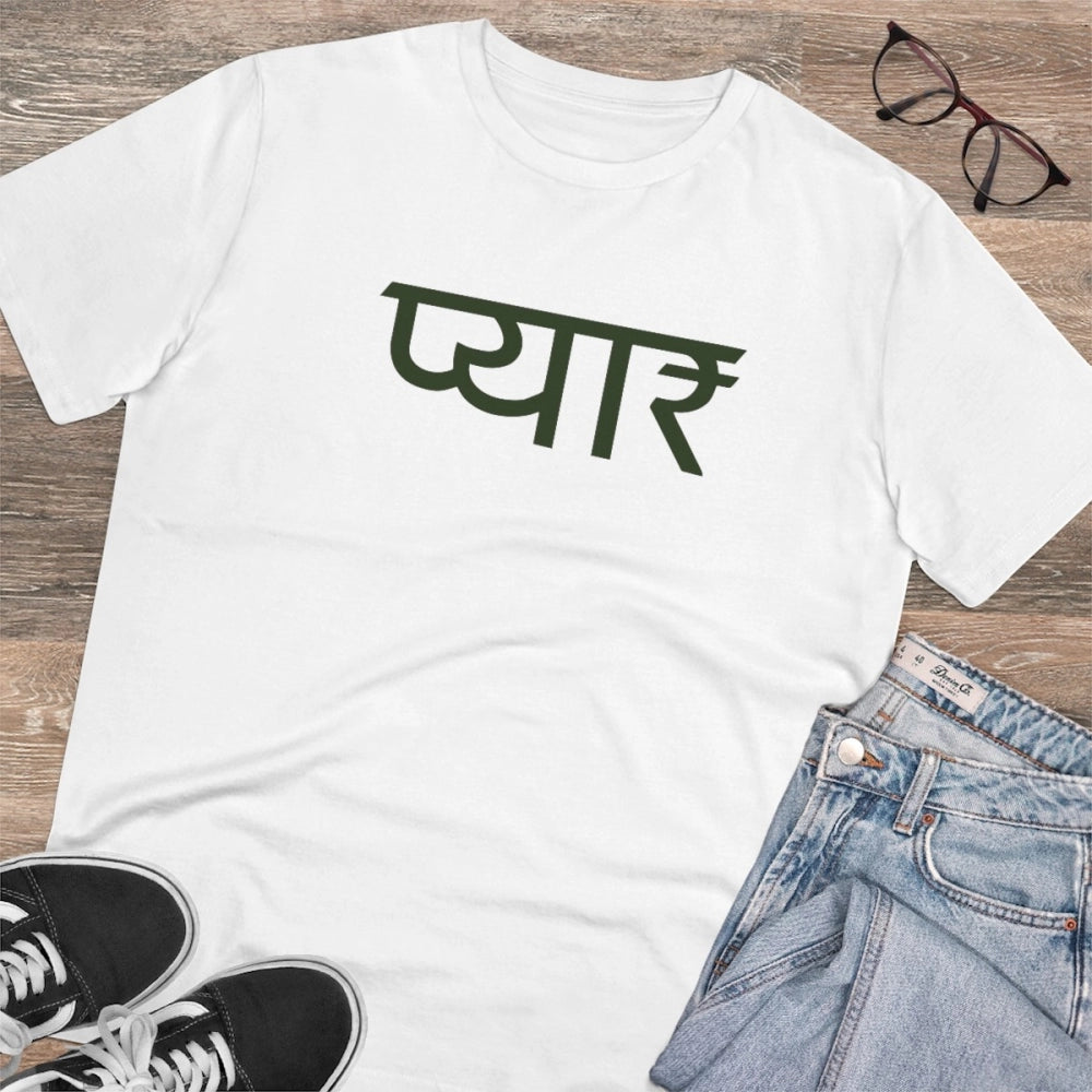 White PC Cotton Men's Pyaar Desing Printed Half-Sleeve T-Shirt, casual occasion