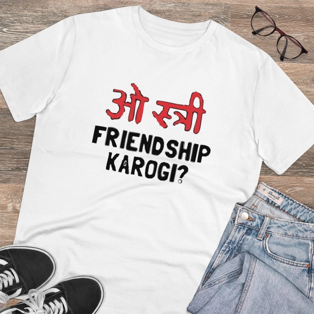White PC Cotton Oo Shtree Friendship Karogi Kya Printed Men's Half Sleeve T-Shirt (180GSM)