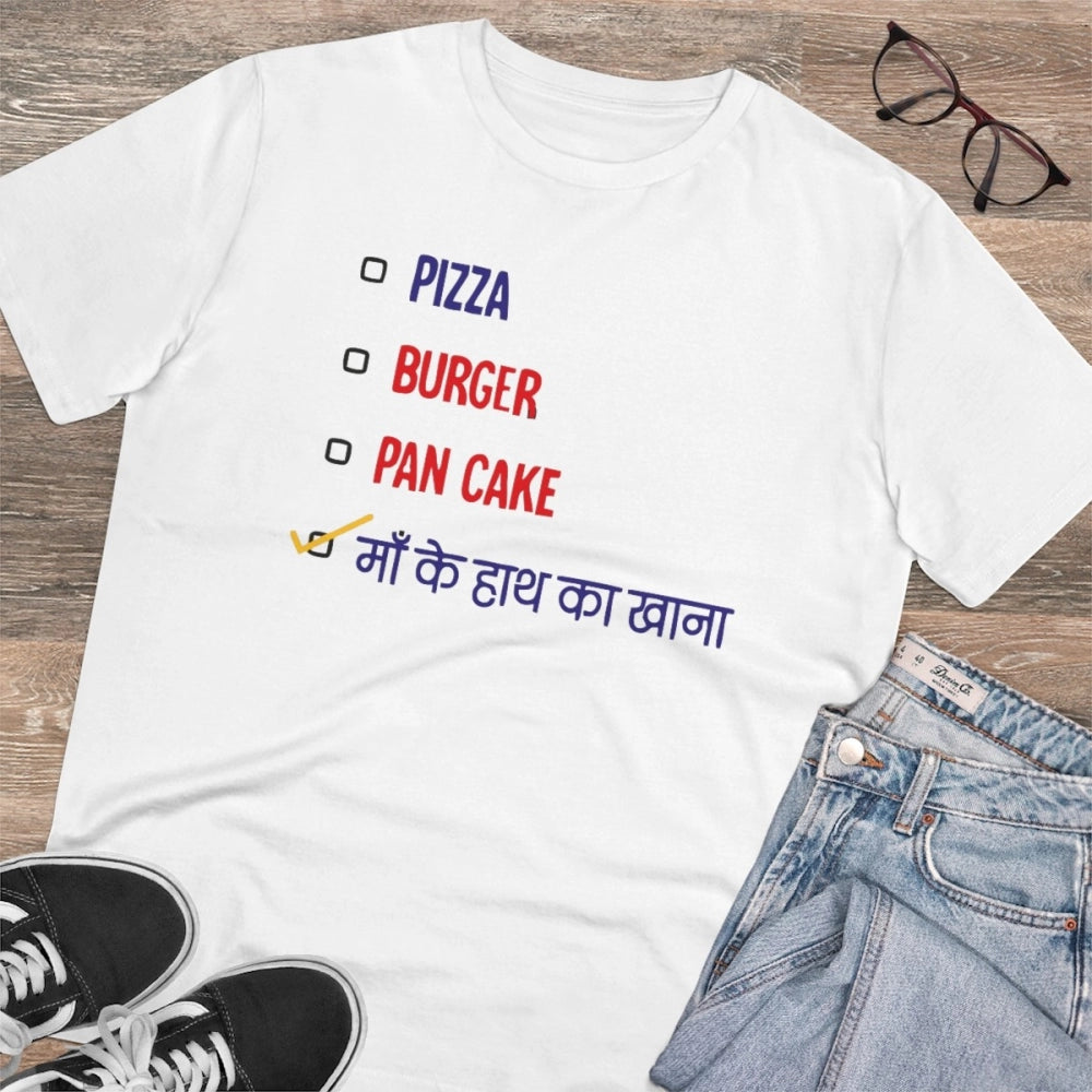 Men's PC Cotton Pizza Burger Pan Cake Maa Ke Hath Ka Khana printed half sleeve t-shirt (180GSM, White)