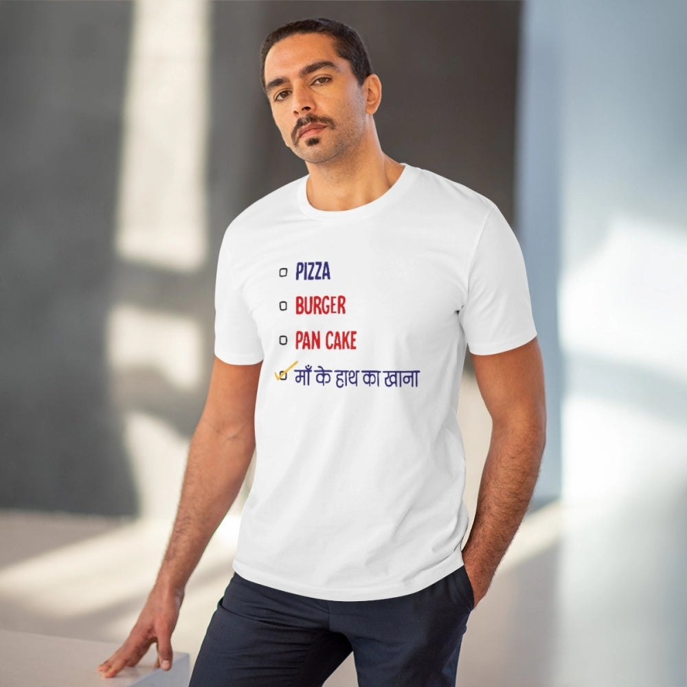 Men's PC Cotton Pizza Burger Pan Cake Maa Ke Hath Ka Khana printed half sleeve t-shirt (180GSM), white color on casual occasion