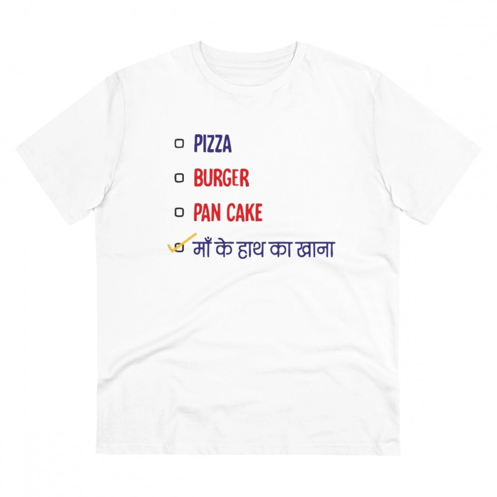 Men's white PC cotton pizza burger pan cake Maa Ke Hath Ka Khana printed half sleeve T-shirt (180GSM), casual occasion wear on model