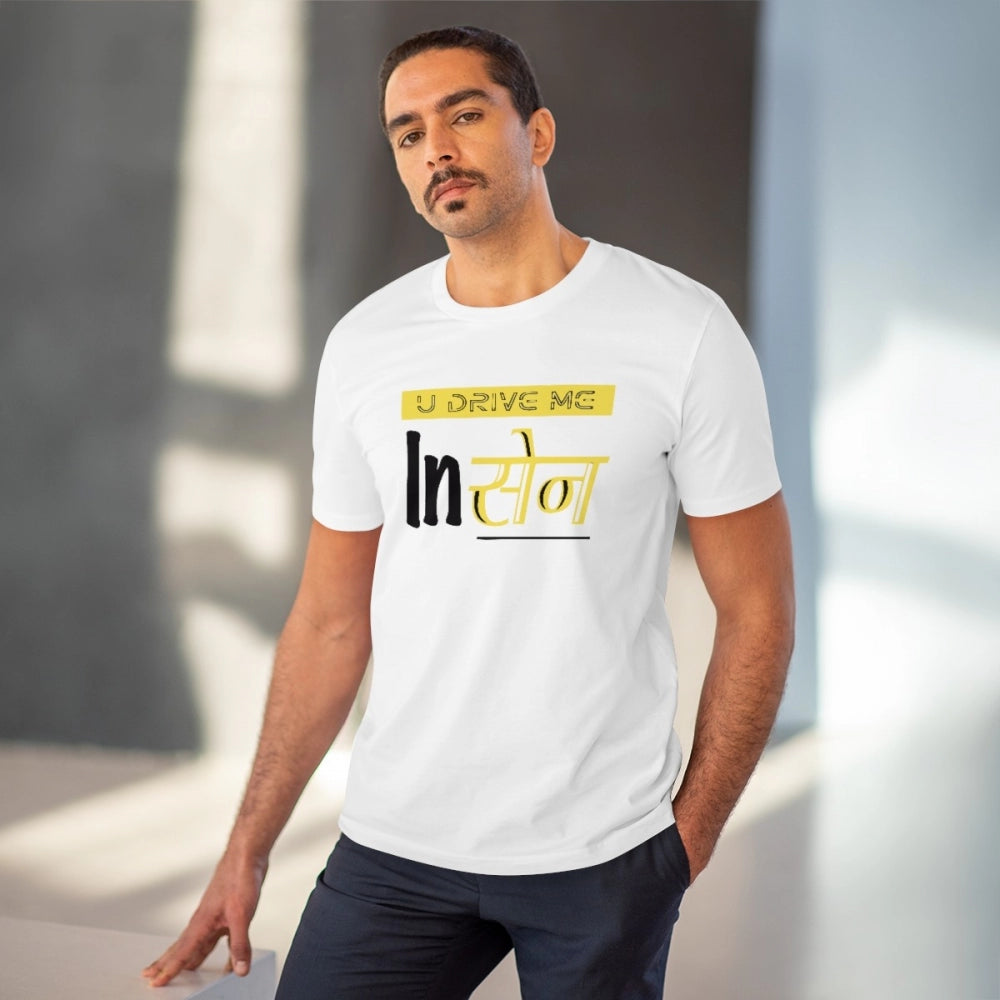 White PC Cotton U Drive Me In Sen Printed Men's T-Shirt (180GSM), casual wear with half sleeves