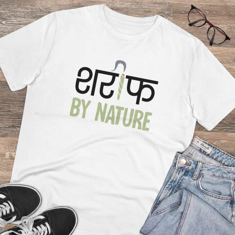 White PC Cotton Sarif By Nature printed men's t-shirt with half sleeves, round neck, 180GSM thread count for casual occasions