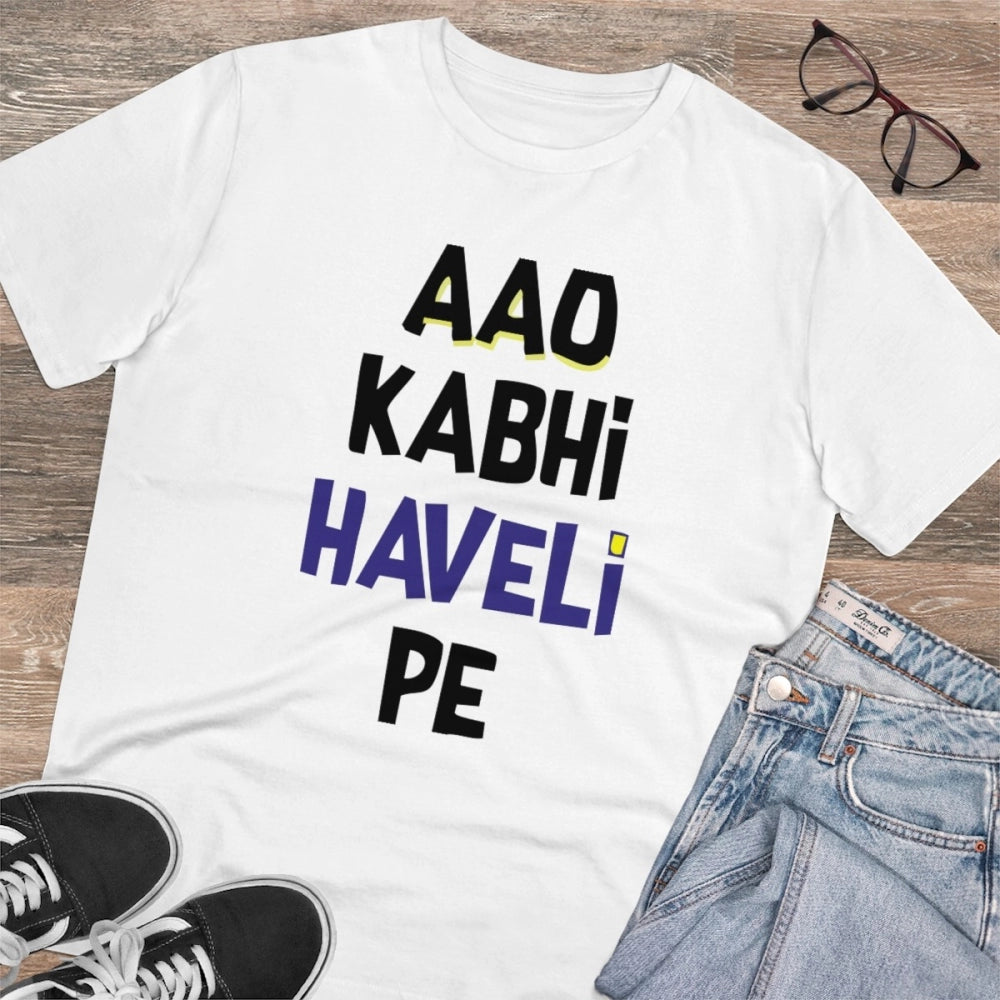 White PC Cotton Aao Kabhi Haveli Pe Printed Men's T-Shirt (180GSM), half sleeve round neck, casual occasion