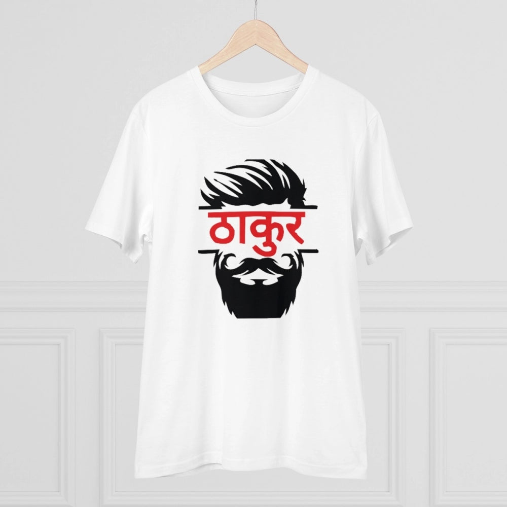 White PC Cotton Thakur Printed Men's Half Sleeve T-Shirt (180GSM), casual wear on model