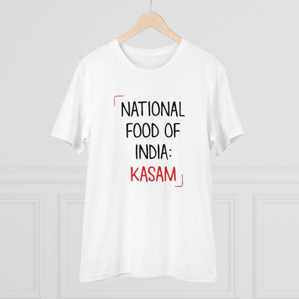 White PC Cotton India Kasam Printed Men's T-Shirt, half sleeve with round neck, 180GSM thread count for casual occasions
