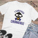 White PC Cotton I Survived Coronavirus printed men's t-shirt (180GSM), half sleeve with round neck, casual occasion wear