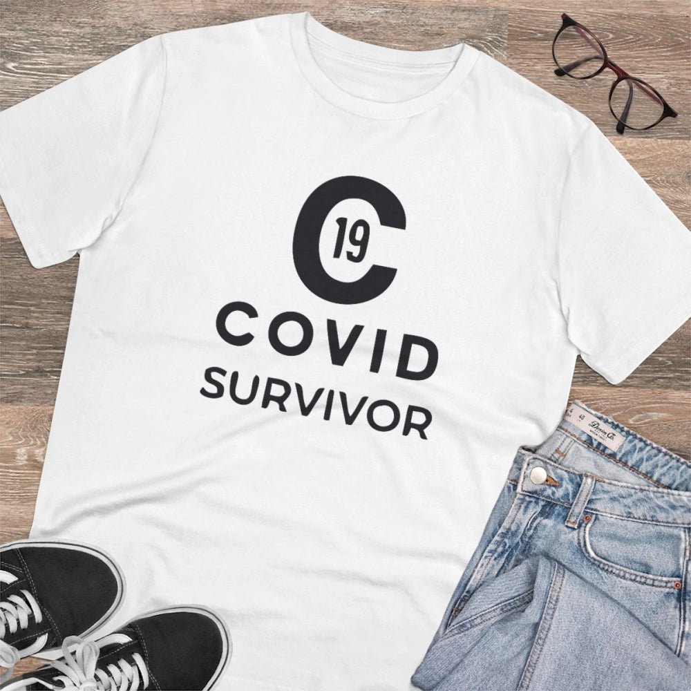 Men's white PC cotton Covid-19 survivor T-shirt (180GSM), half sleeve round neck, casual occasion
