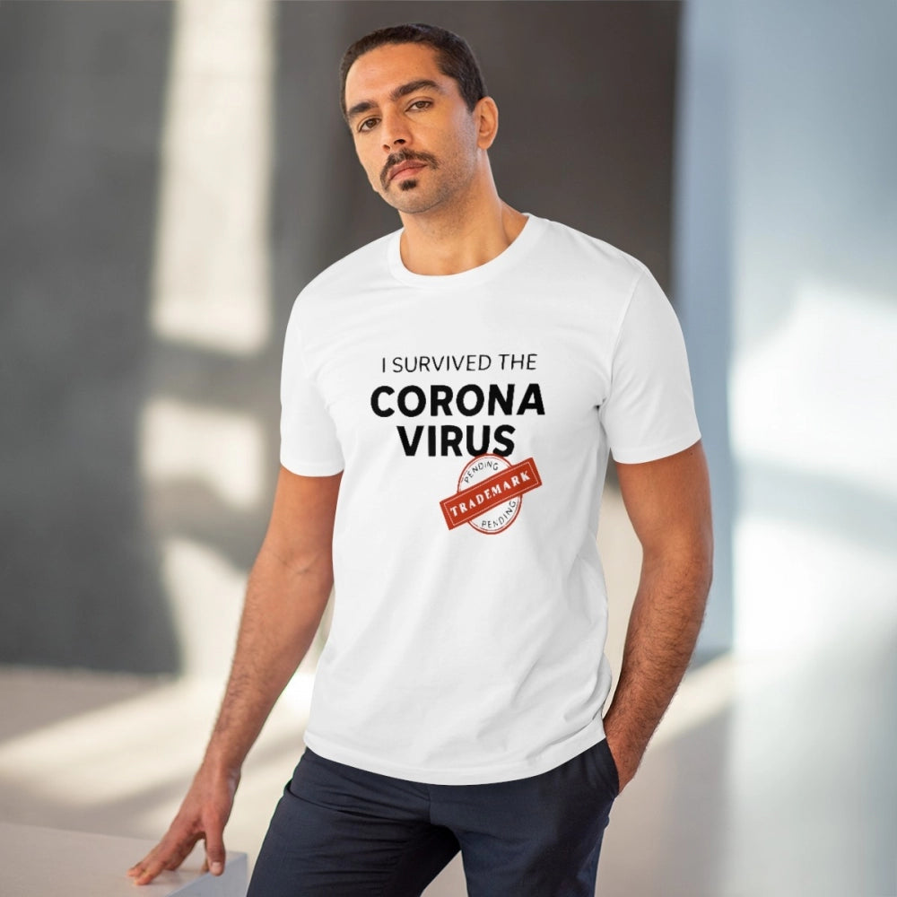 Men's white PC Cotton 'I Survived Corona Virus' printed half-sleeve T-shirt with round neck, 180GSM thread count