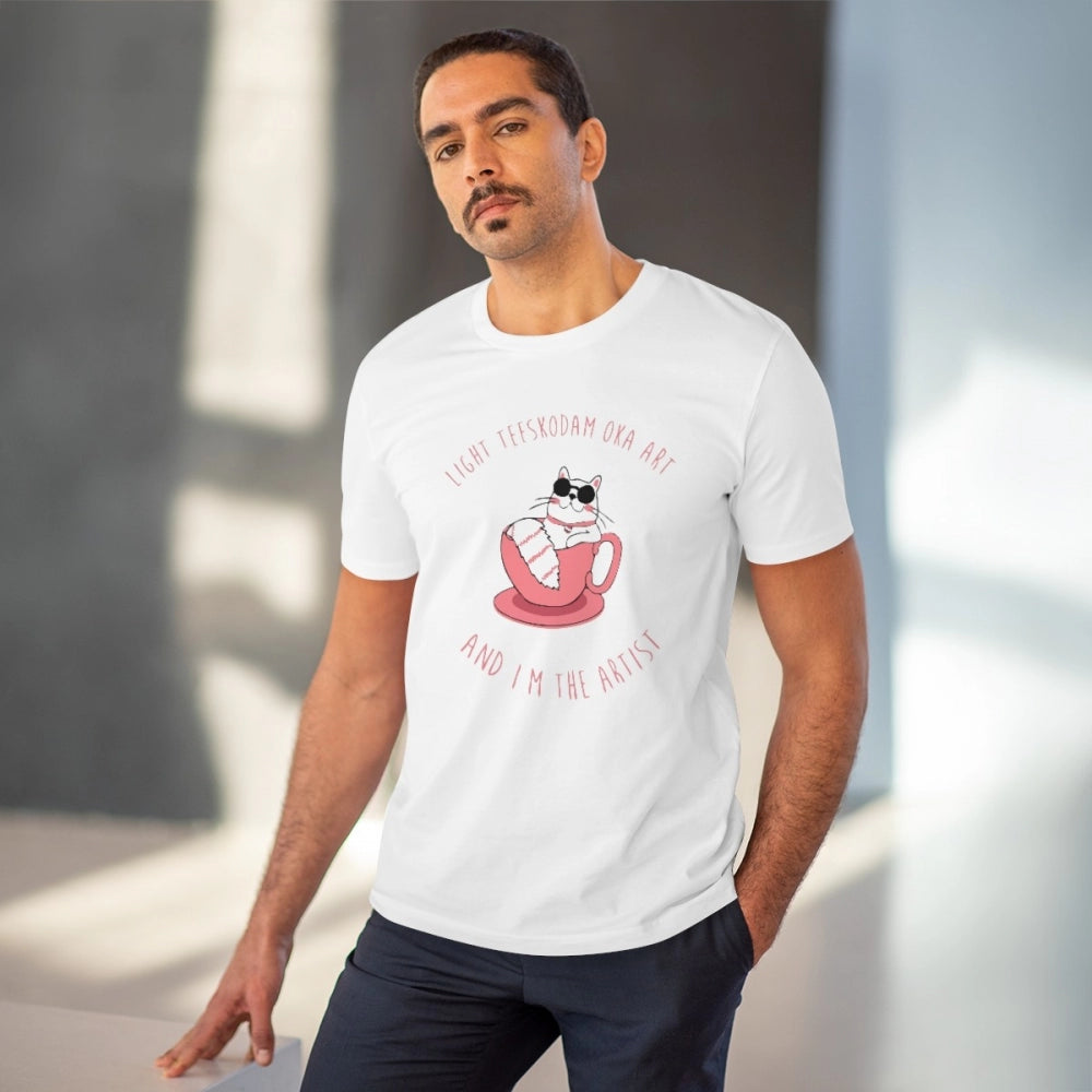 White PC Cotton Men's Telugu Design Half Sleeve T-Shirt (180GSM) - casual wear with vibrant print detail