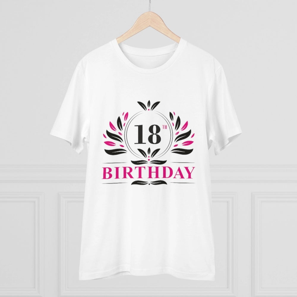 White PC Cotton 18th Birthday Printed T-Shirt for Men (Half Sleeve, Round Neck) on display stand