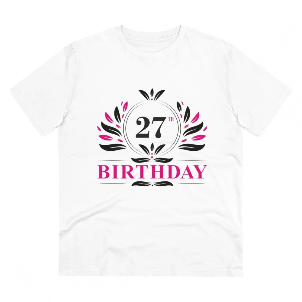 White PC cotton men's 27th birthday printed half sleeve t-shirt (180GSM), casual occasion wear