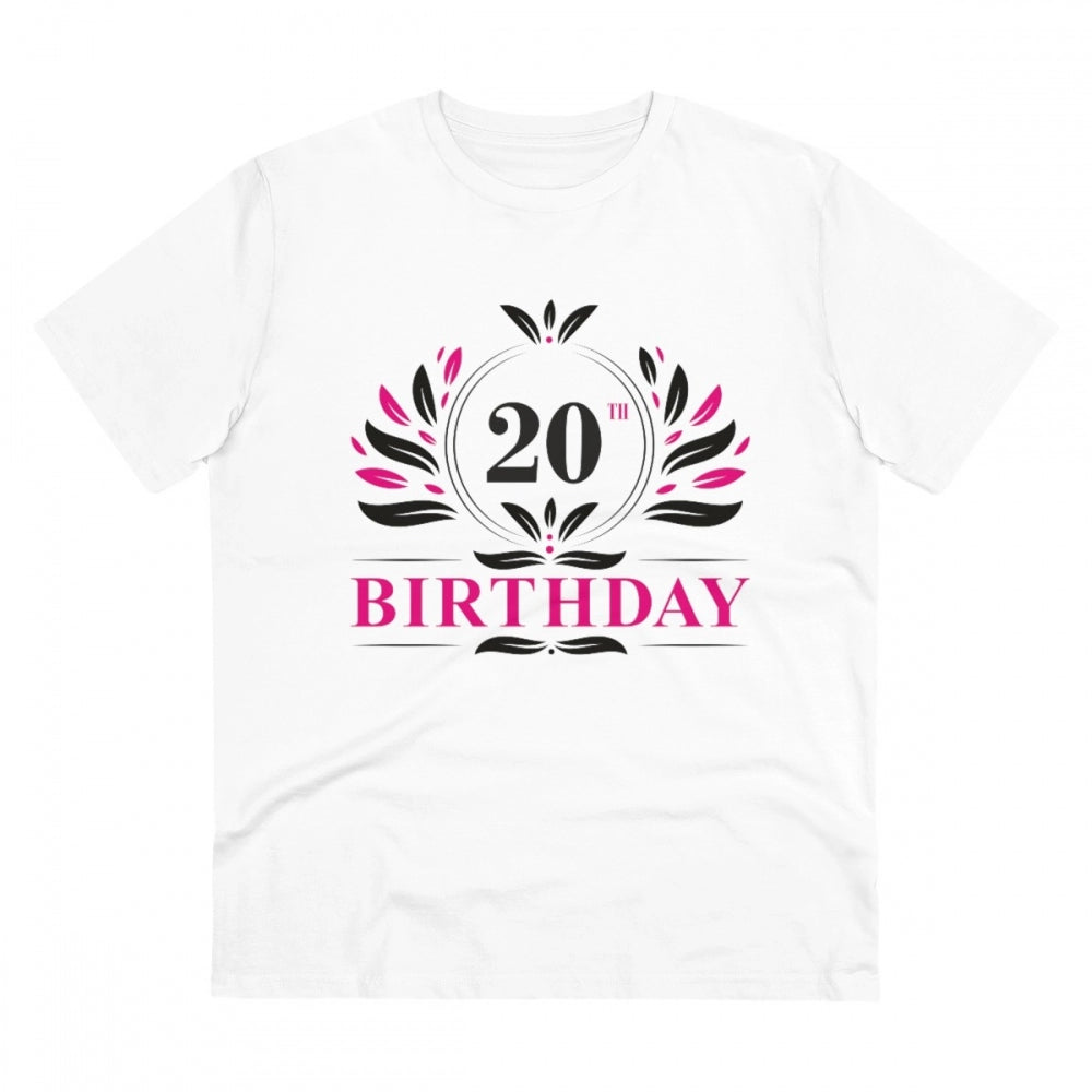 White PC Cotton Men's 20th Birthday Printed Half Sleeve T-Shirt with Round Neck, 180GSM thread count for casual occasions