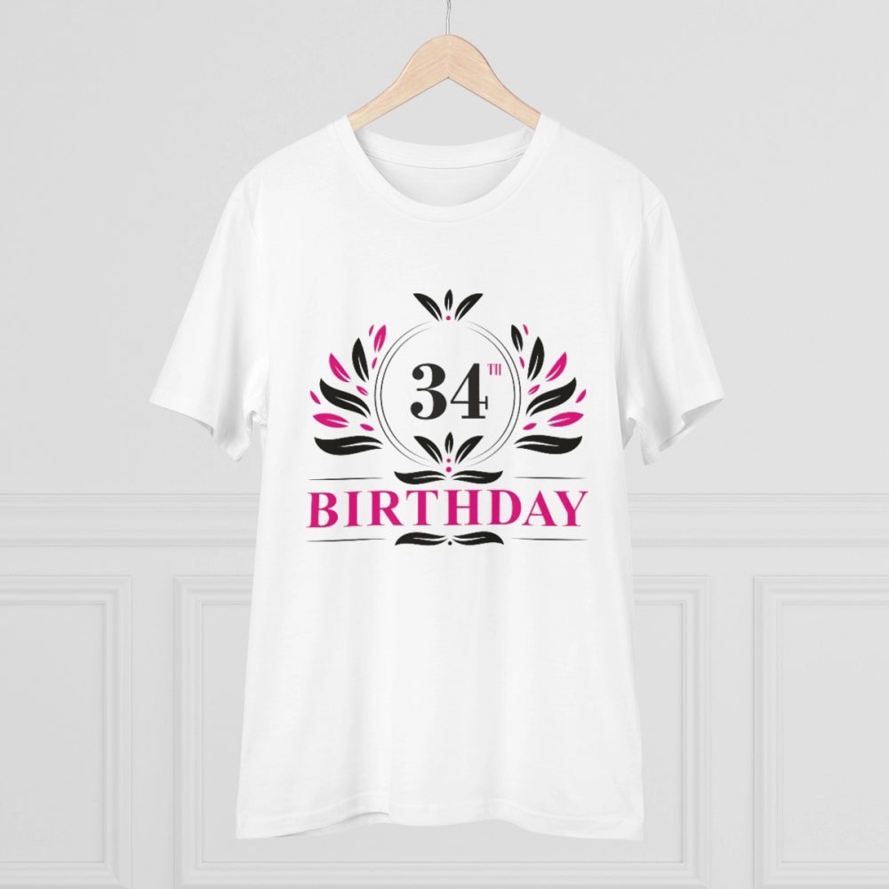White PC Cotton Men's 34th Birthday Printed Half Sleeve T-Shirt (180GSM), ideal for casual occasions