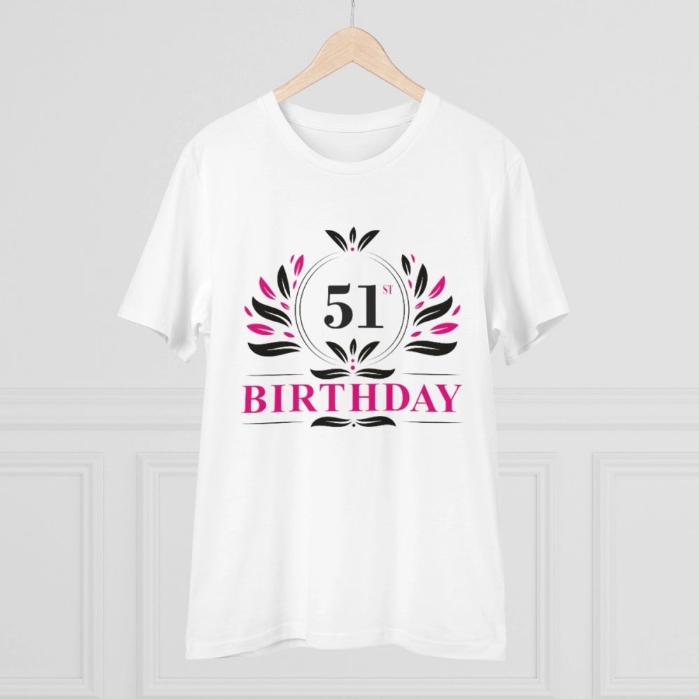 White PC Cotton Men's 51st Birthday Printed Half Sleeve T-Shirt, round neck, 180GSM thread count for casual occasions