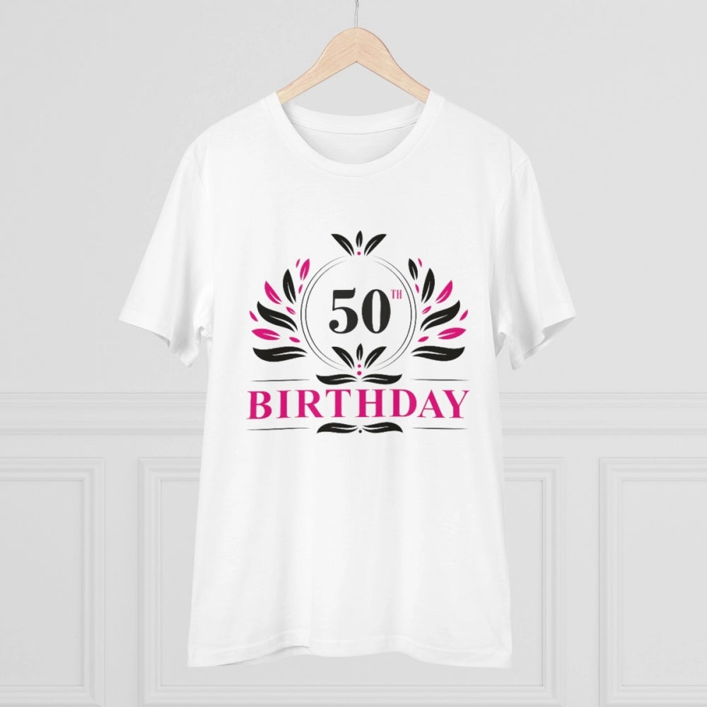 White PC Cotton 50th Birthday Printed T-Shirt for Men (Half Sleeve, Round Neck, 180GSM)