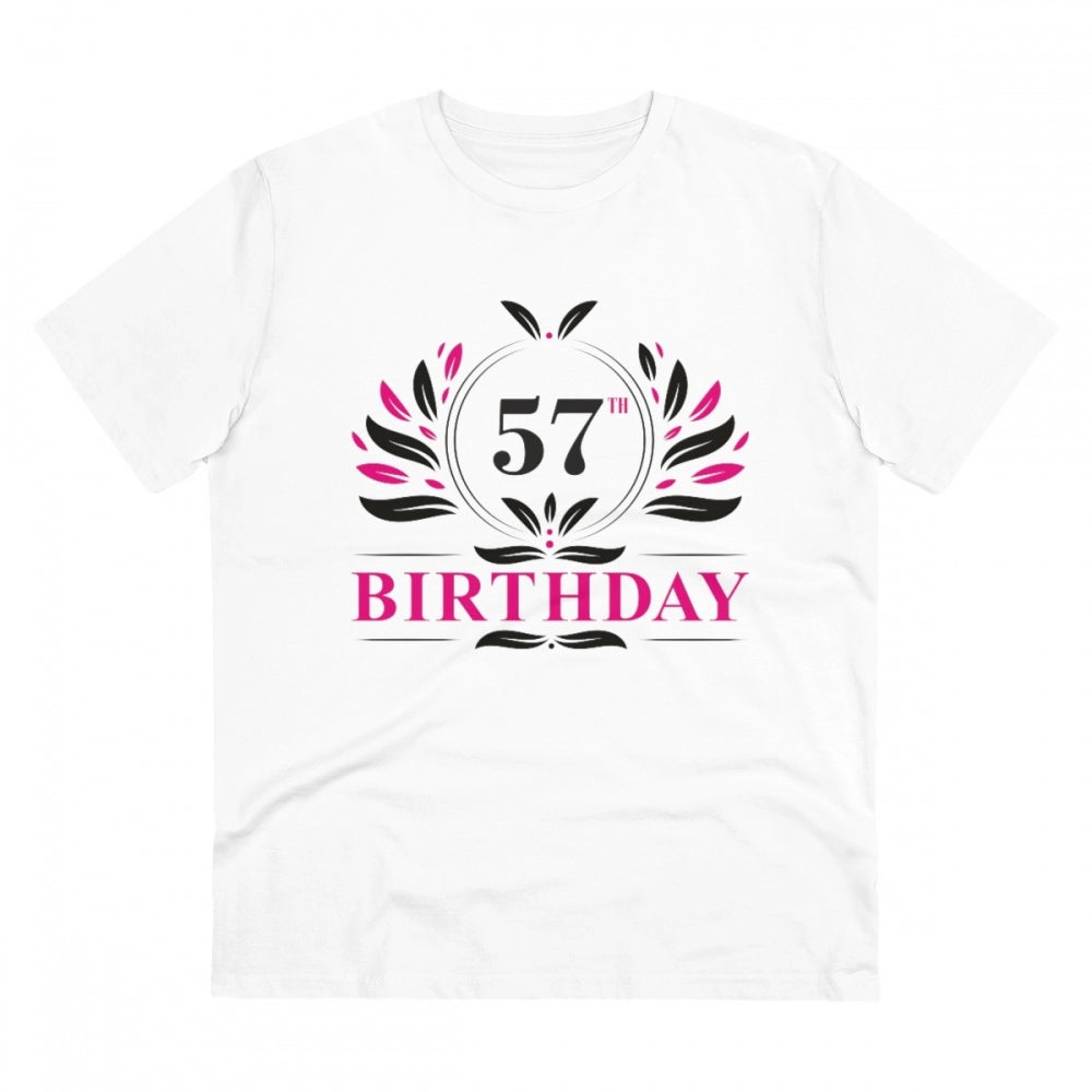 White PC Cotton 57th Birthday printed men's half sleeve t-shirt, round neck, 180GSM thread count