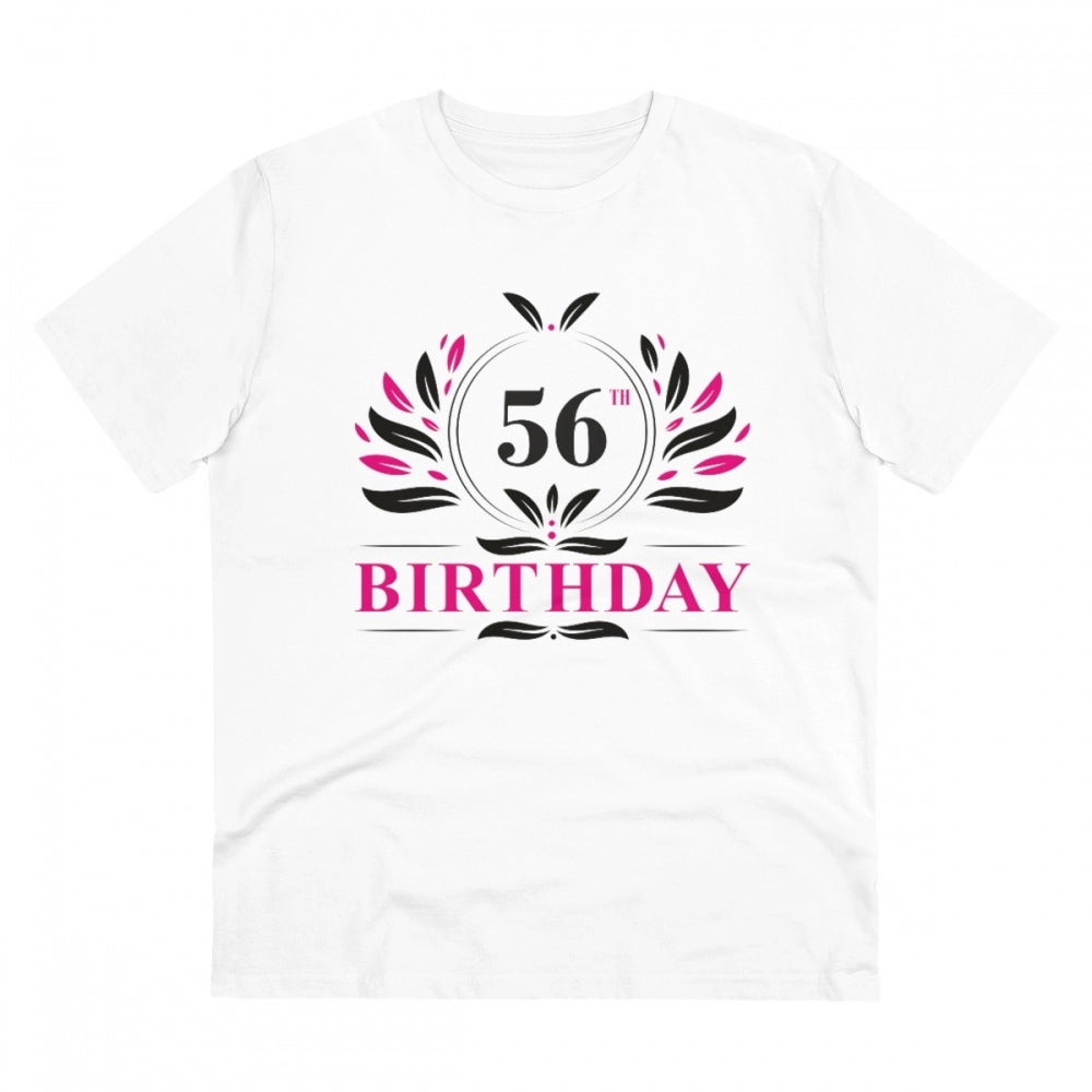 White PC Cotton Men's 56th Birthday Printed Half Sleeve T-Shirt (180GSM), casual occasion apparel on model