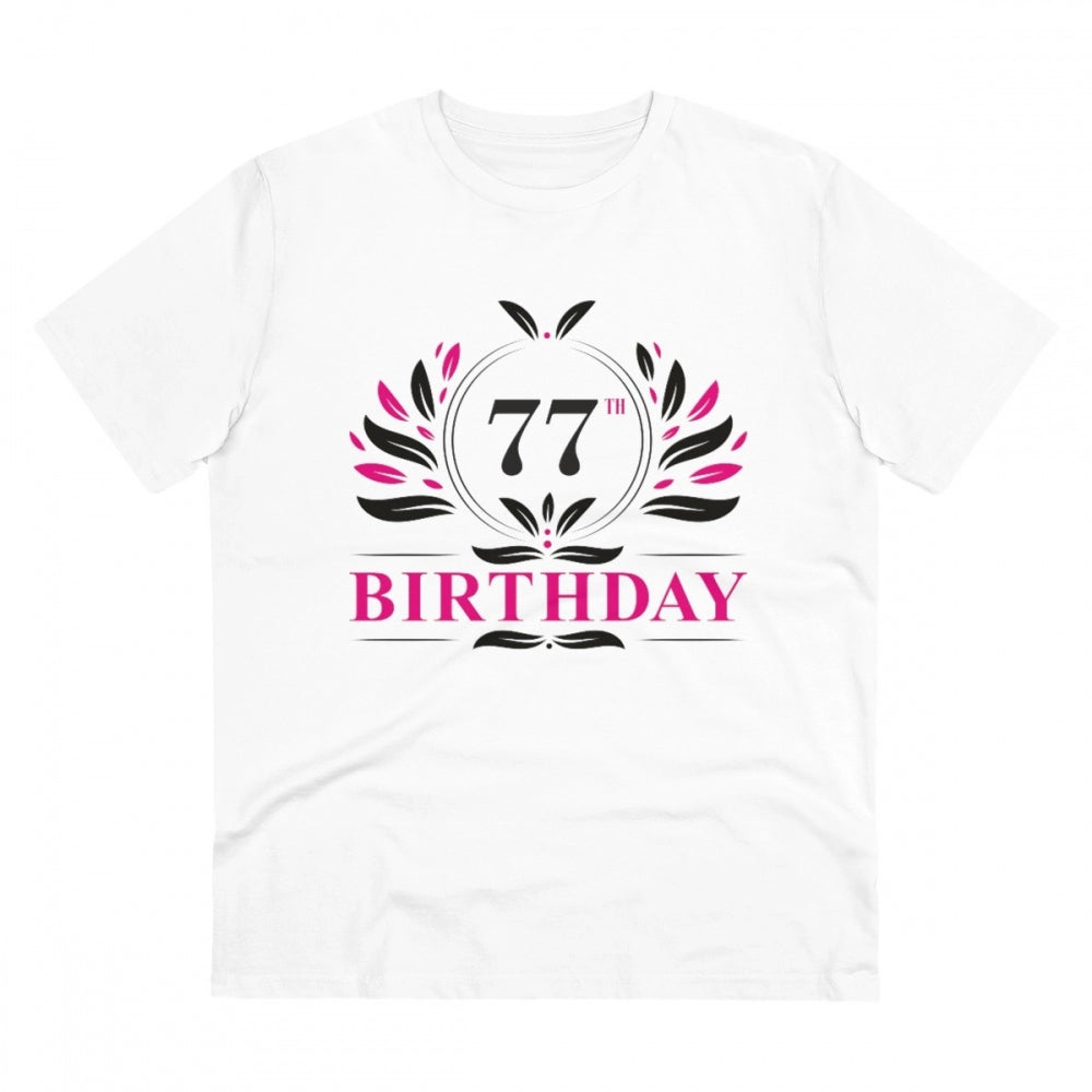 White PC Cotton Men's 77th Birthday Printed Half-Sleeve T-Shirt on flat surface