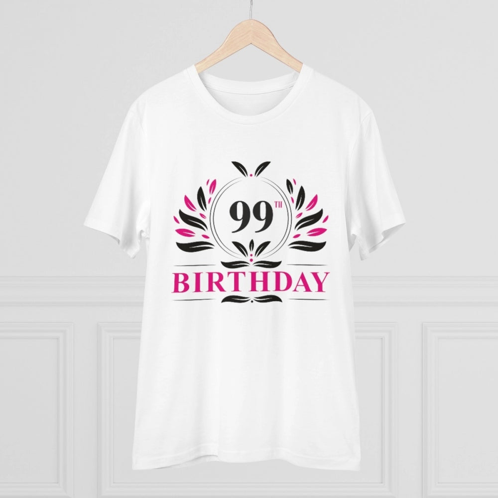 White PC Cotton Men's 99th Birthday Printed T-Shirt with half sleeves, round neck on display stand