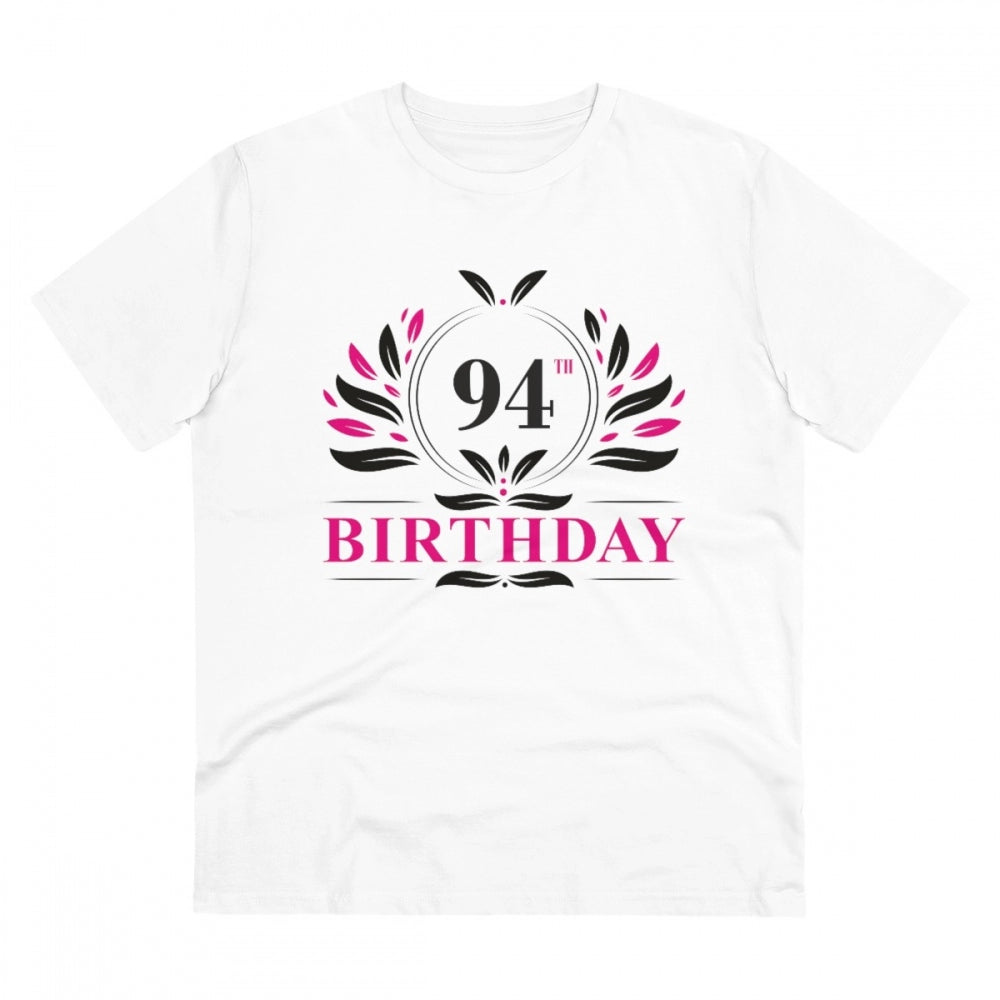 White PC Cotton Men's 94th Birthday Printed Half Sleeve T-Shirt (180GSM), casual occasion wear on model