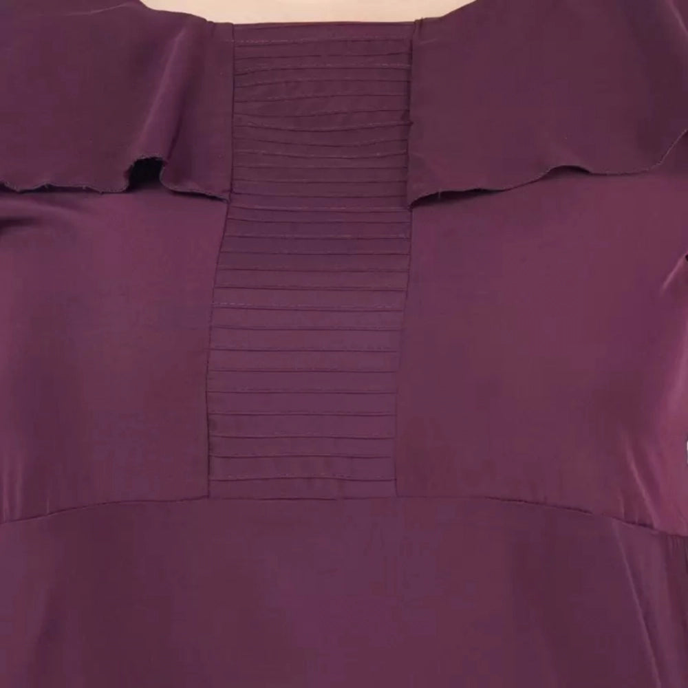Purple polyester fit-and-flare dress for women's casual occasions, round neck with short sleeves