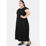 Black polyester fit-and-flare dress for women's casual occasions, round neck, short sleeves