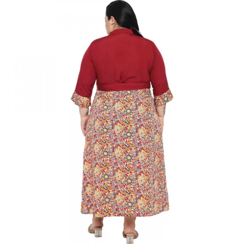 Maroon fit-and-flare polyester dress for women, 3/4 sleeve, casual occasion