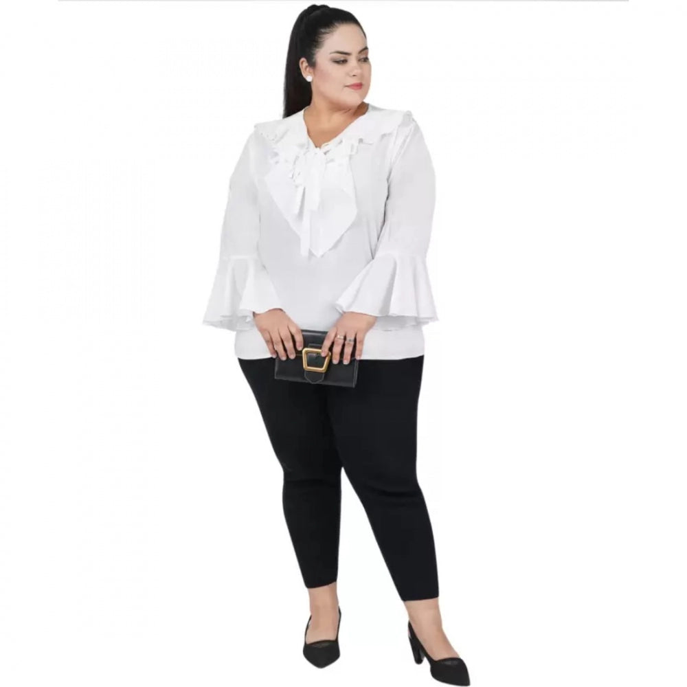 White georgette women's casual bell sleeve top for summer, tie-up neck, full sleeve