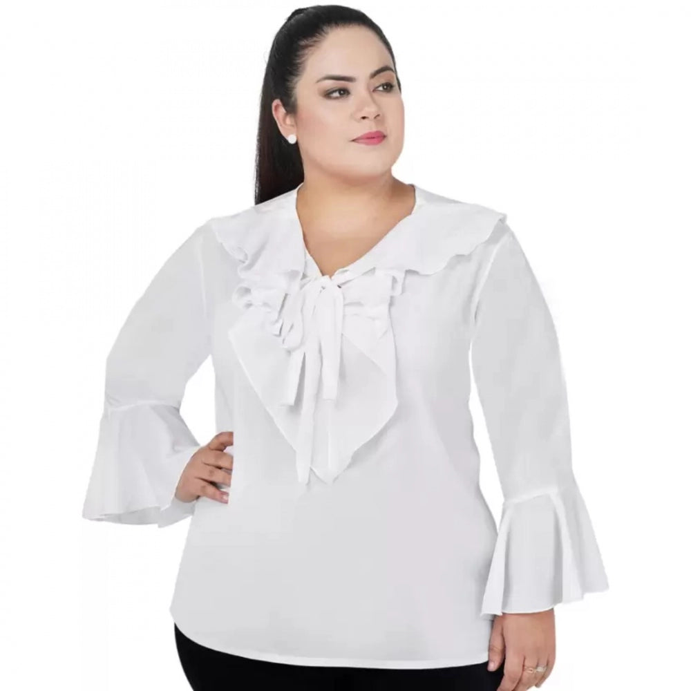White georgette women's casual bell sleeve top on hanger, tie-up neck, full sleeves