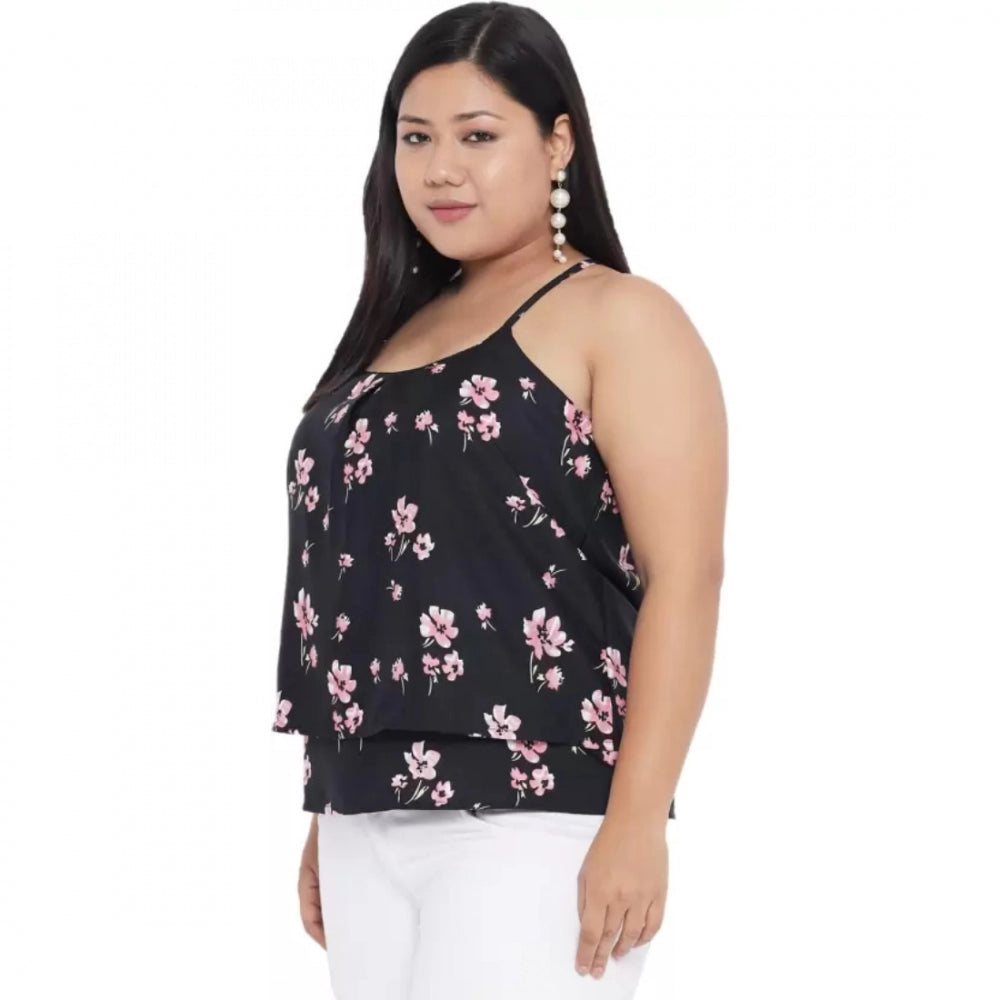 Black polyester women's casual floral print top, sleeveless round neck style for casual occasions
