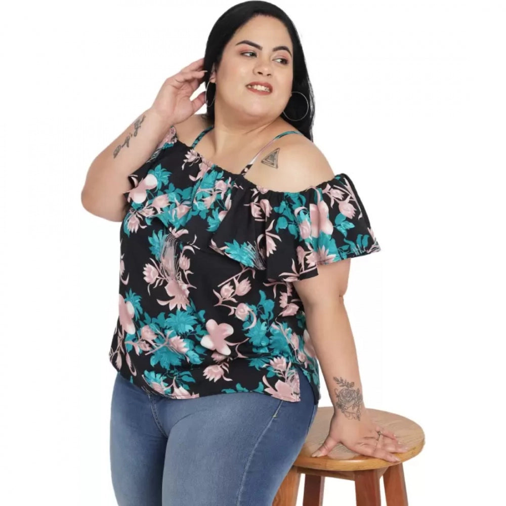 Black polyester women's off-shoulder top with cape sleeves featuring casual floral print