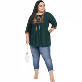 Dark green embroidered rayon women's top, casual occasion wear with 3/4 sleeves