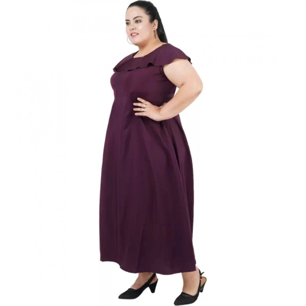 Purple fit-and-flare polyester dress for women's casual events, round neck, short sleeves