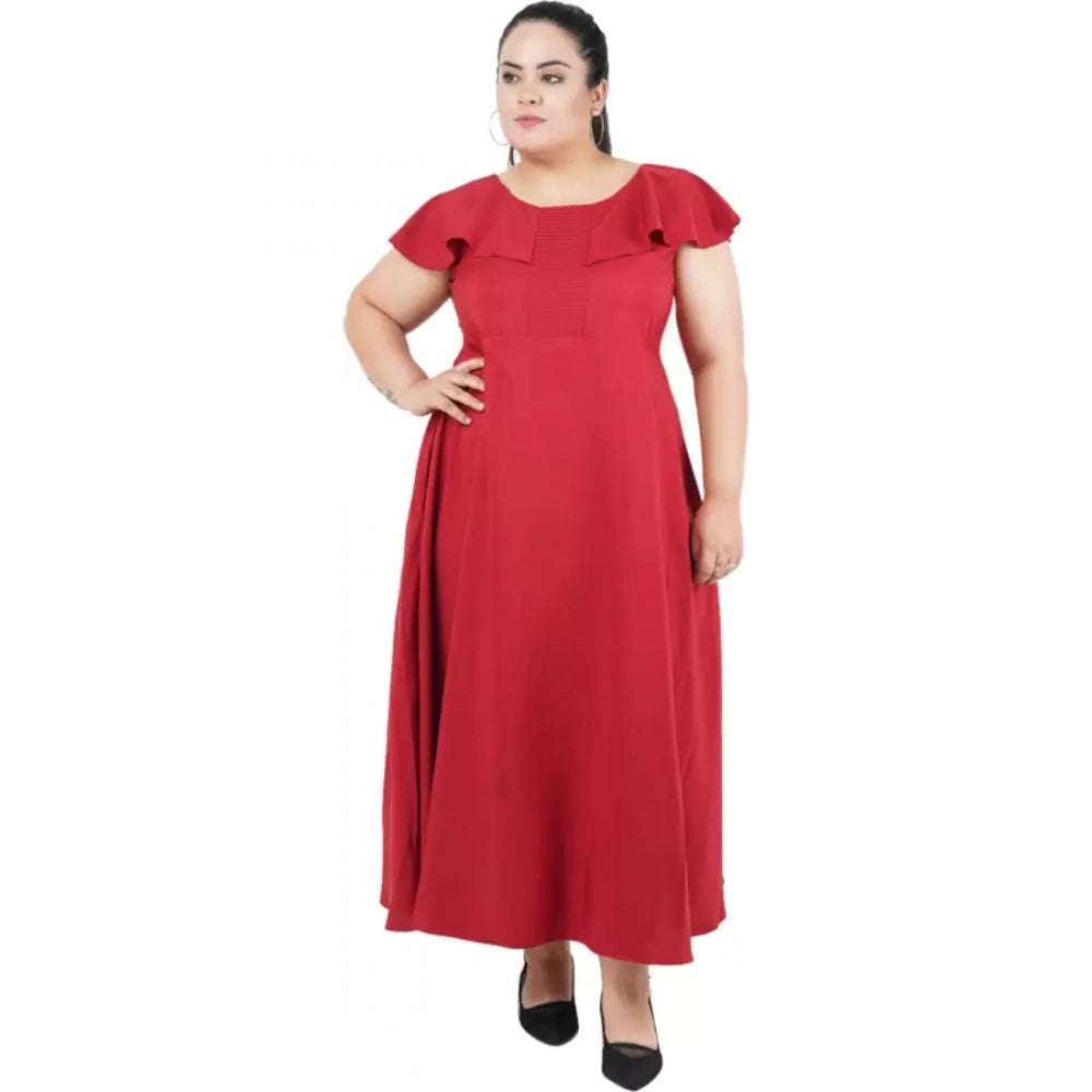 Maroon fit-and-flare polyester dress for casual occasions, round neck, short sleeves