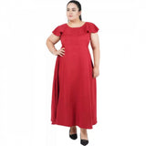 Maroon fit-and-flare polyester dress for casual occasions, round neck, short sleeves