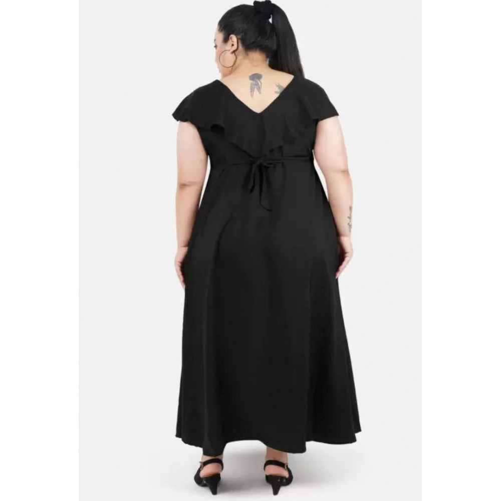 Black polyester fit and flare dress for women, casual occasion wear with round neck and short sleeves