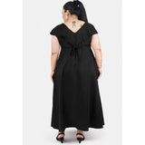Black polyester fit and flare dress for women, casual occasion wear with round neck and short sleeves