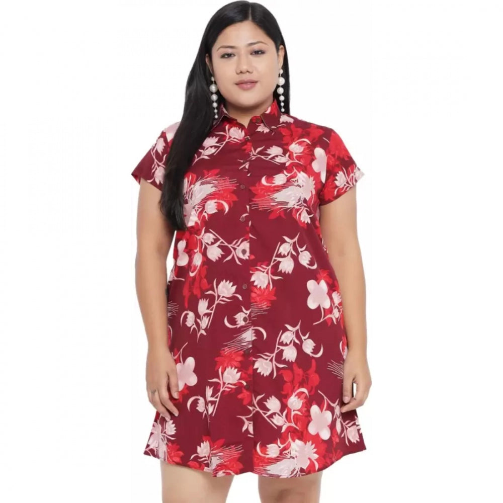 Maroon polyester women's casual short-sleeve shirt on hanger