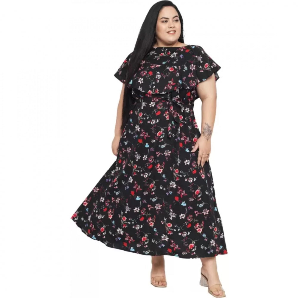 Black polyester fit-and-flare dress for women's casual events, round neck, short sleeves