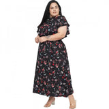 Black polyester fit and flare dress for women's casual occasions, short-sleeved round neckline style